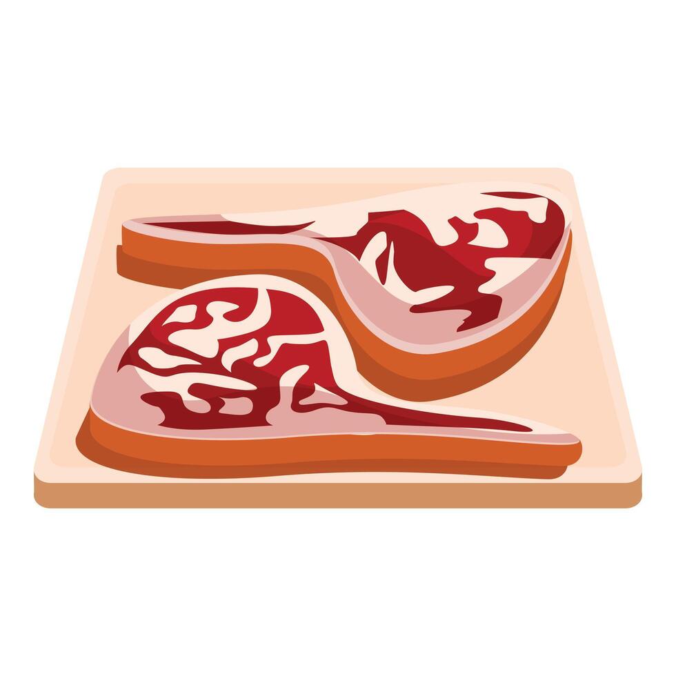 Two fresh raw red meat steaks lying on wooden cutting board vector