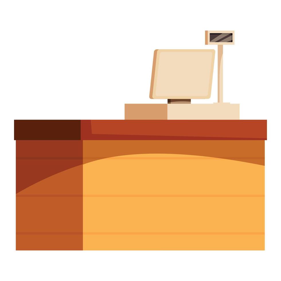 Empty cash register standing on wooden countertop in store vector