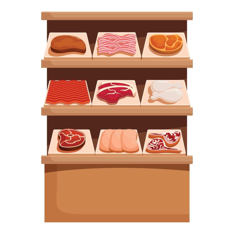 Supermarket shelf displaying fresh meat cuts vector