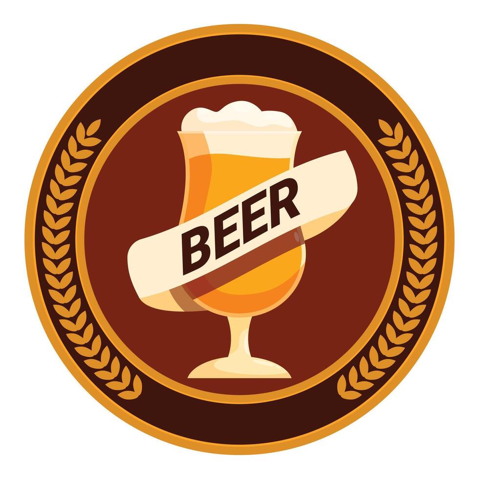 Round beer label with ribbon and wheat banner featuring glass with beer and foam vector