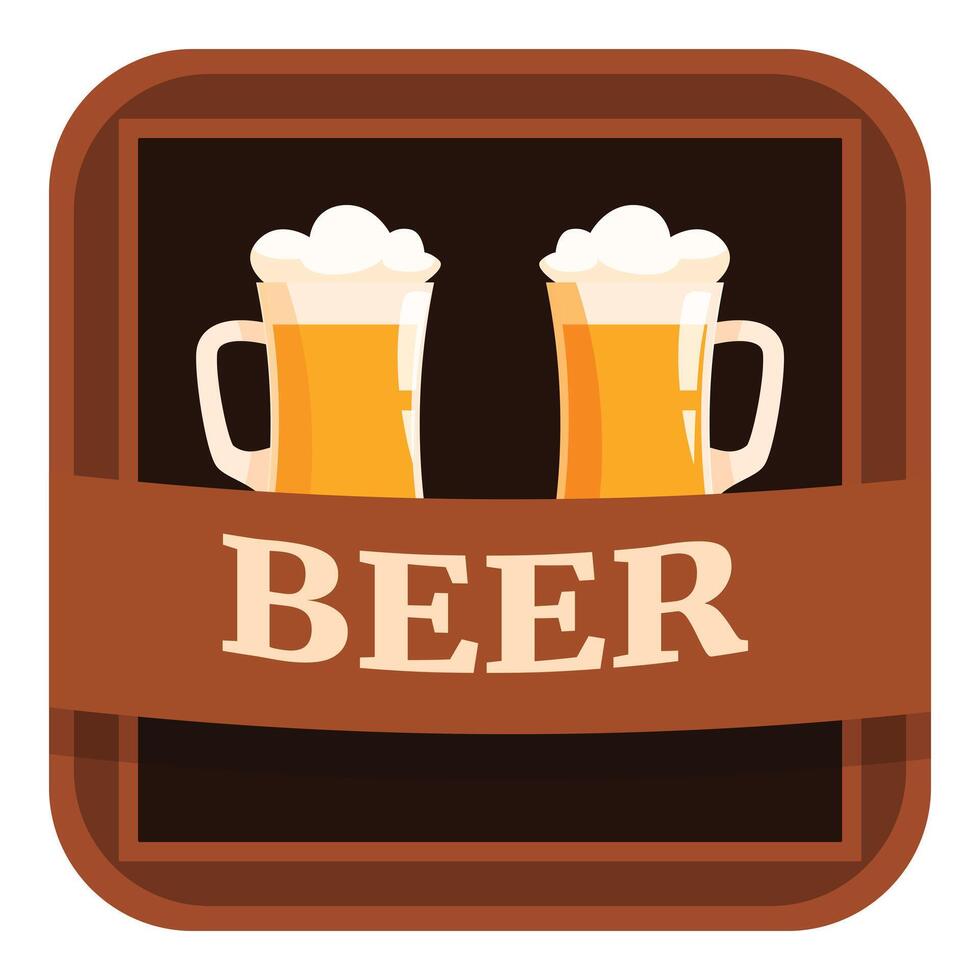 Two beer mugs with foam on wooden signboard with ribbon vector