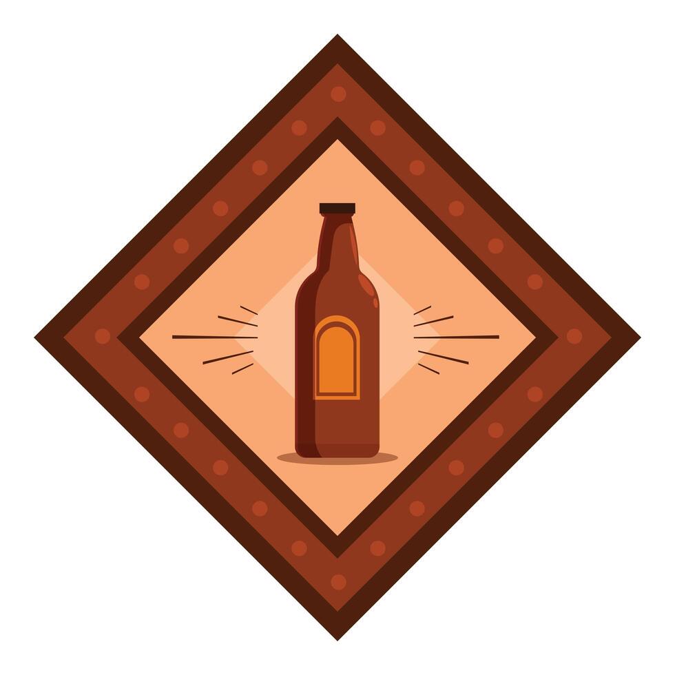 Brown beer bottle with blank label in diamond frame with shining rays vector