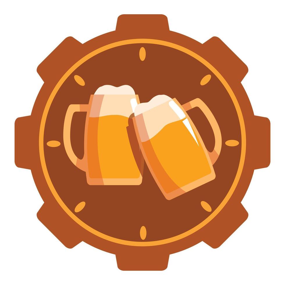 Two beer mugs clinking in a gear clock design illustration vector