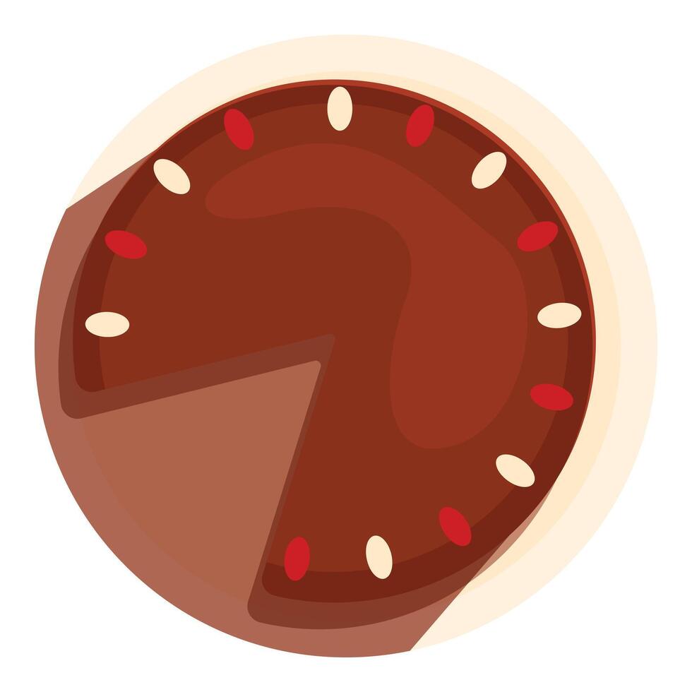 Round chocolate cake with a slice missing from above vector