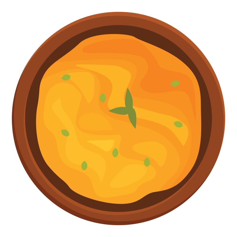 Pumpkin cream soup with greens in ceramic bowl appetising top view vector