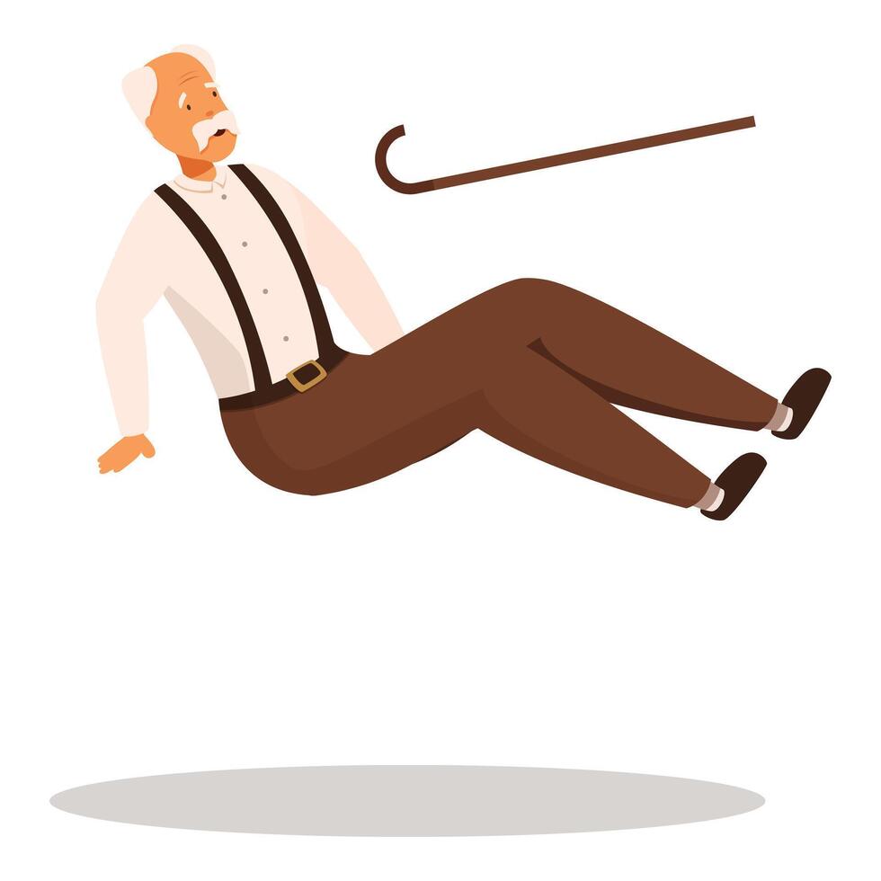 Elderly man falling after losing balance with walking stick vector