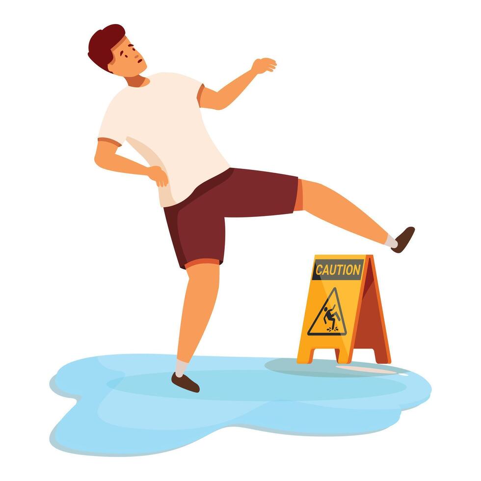 Careless young man slipping on wet floor with caution sign vector