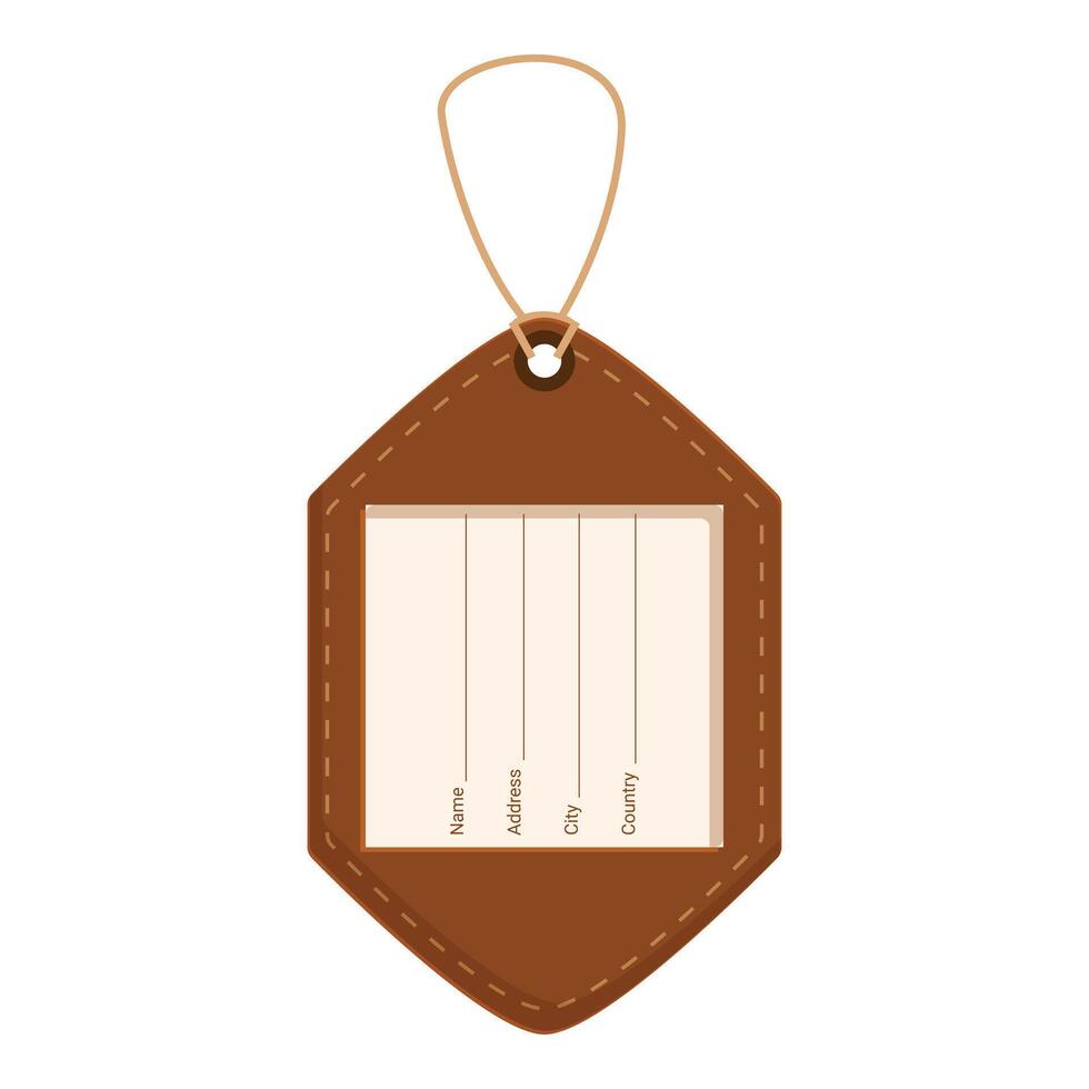 Brown leather luggage tag with string hanging showing blank address label vector
