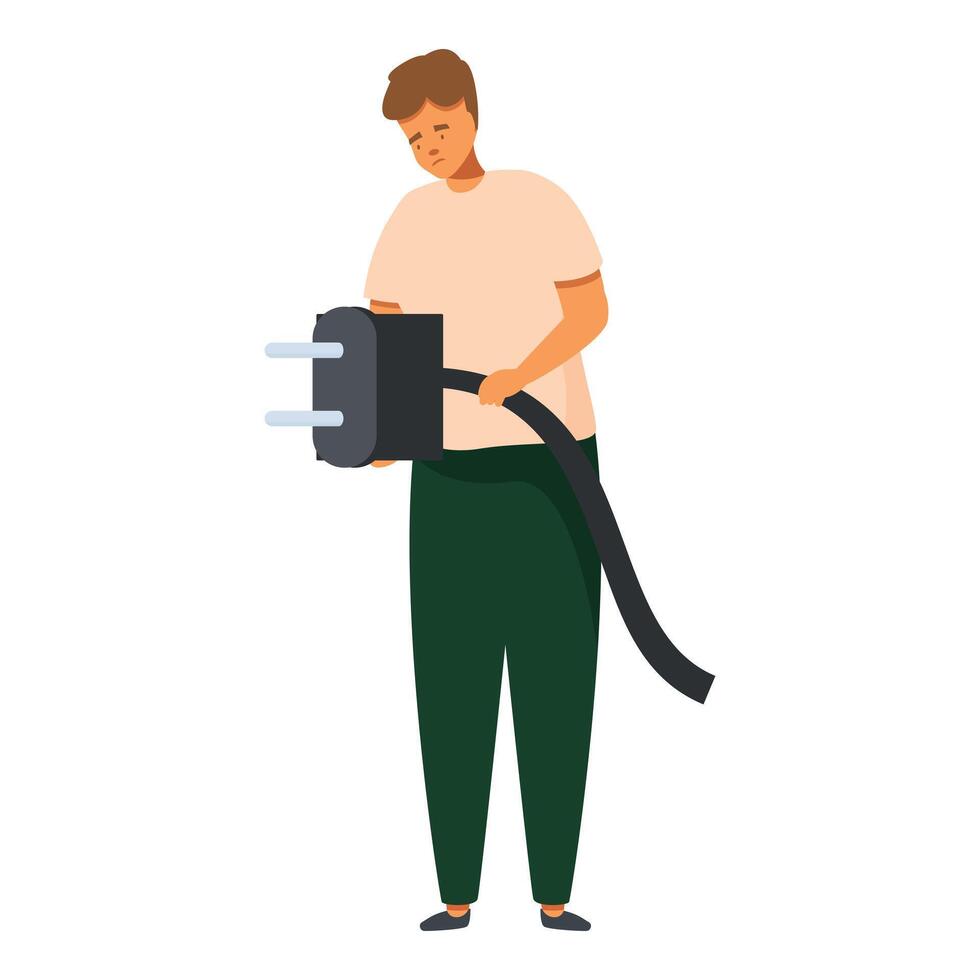 Sad electrician holding unplugged electric plug with wire vector
