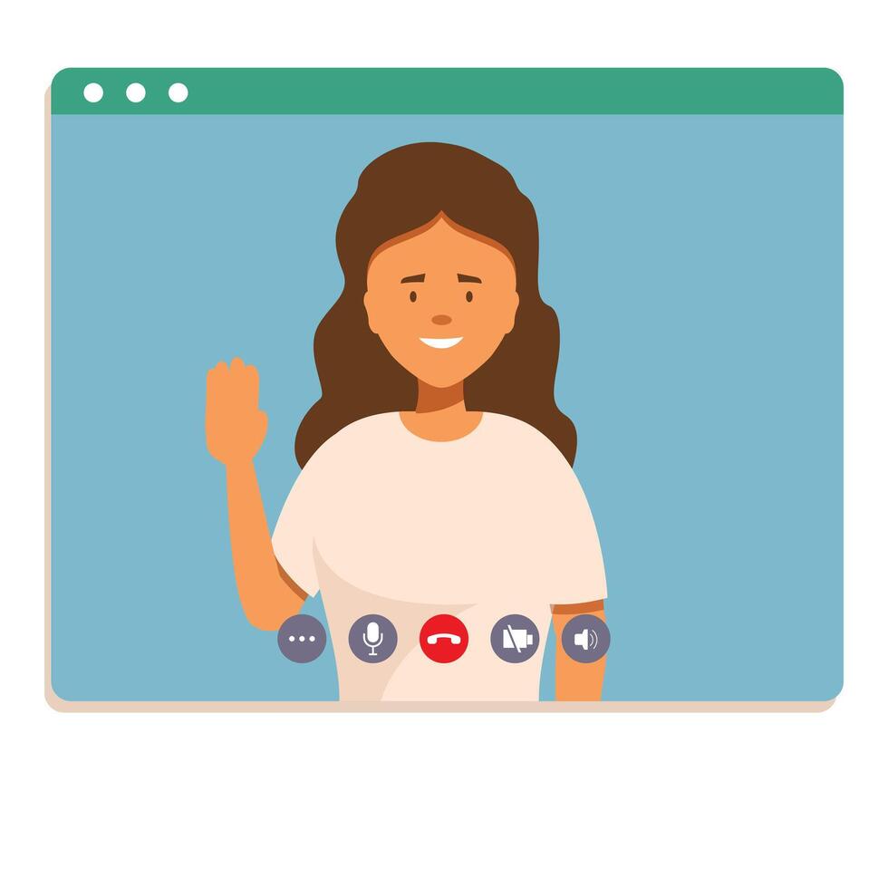 Woman waving hand during video call on computer screen vector