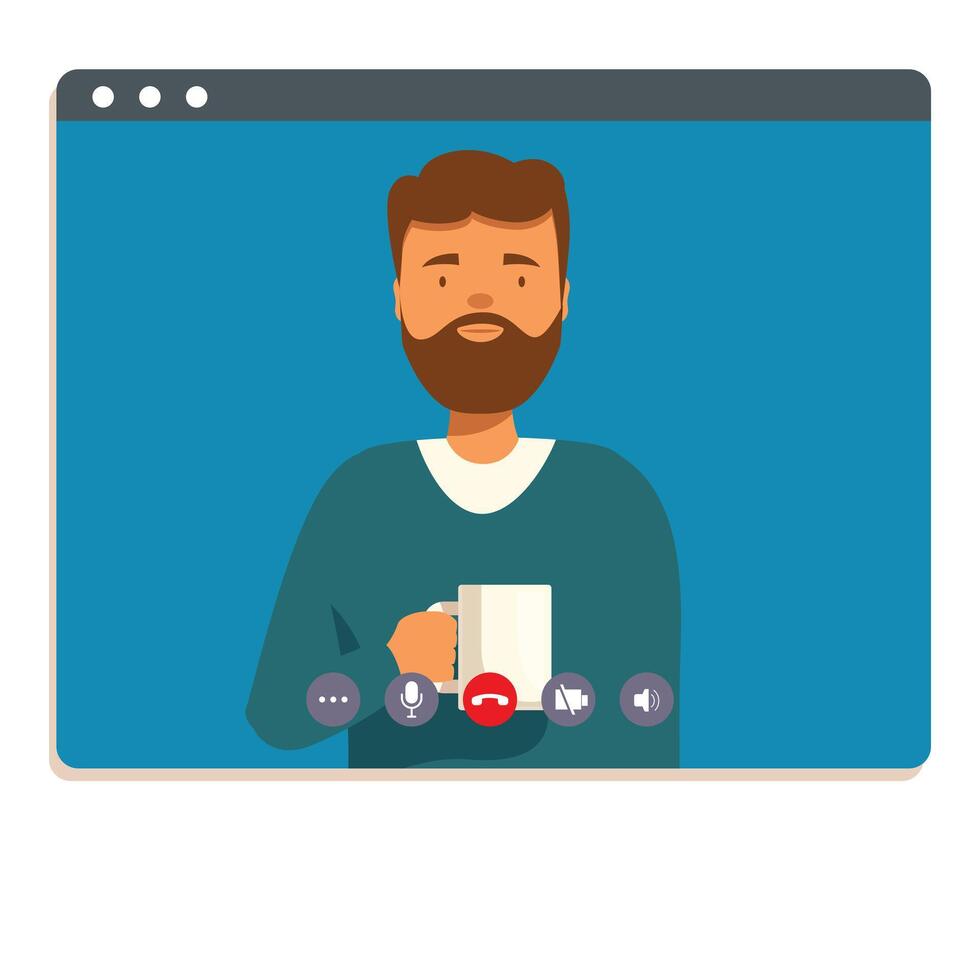 Bearded man drinking coffee during video call meeting from home office vector