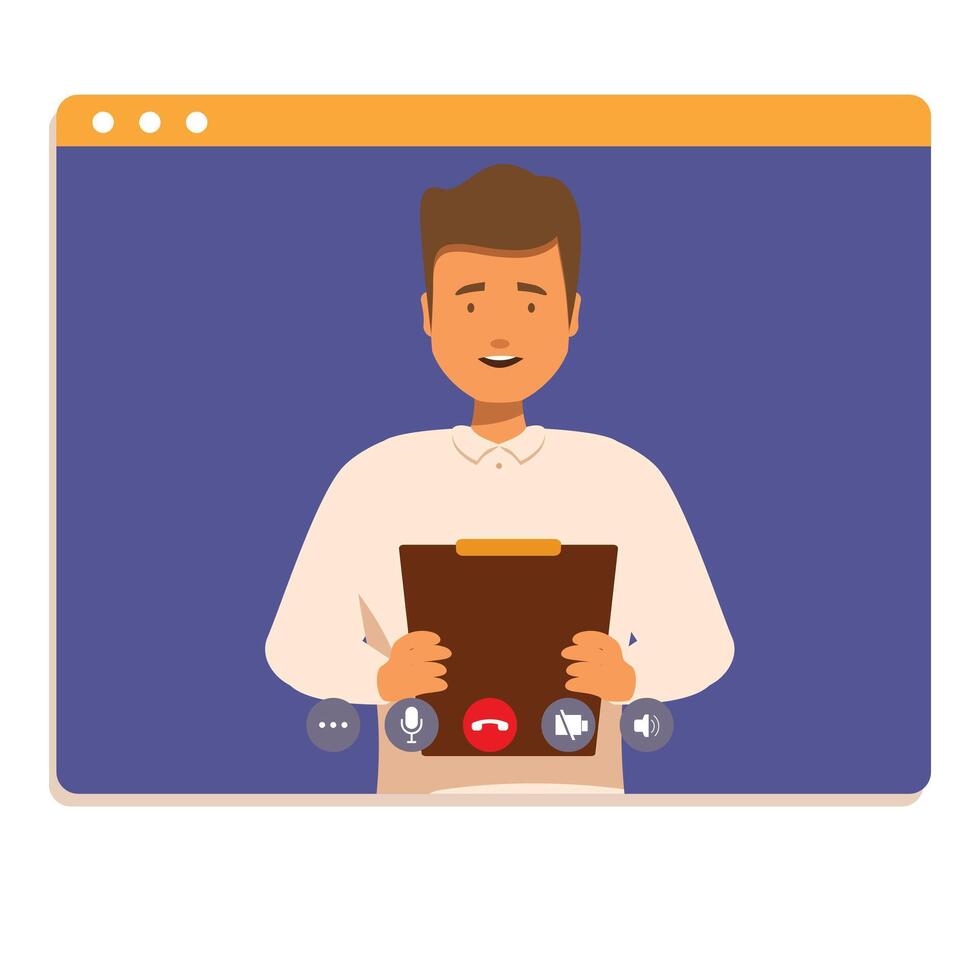 Businessman holding clipboard having video call on computer screen vector