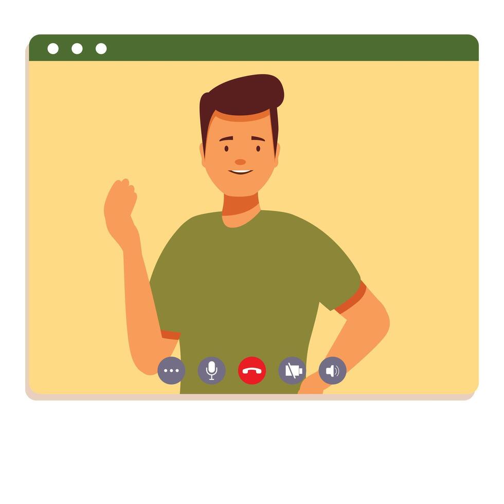 Young man waving hand during video call on computer screen vector