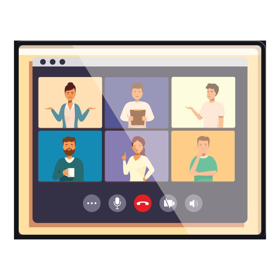 Group of people having a video conference on a big screen vector