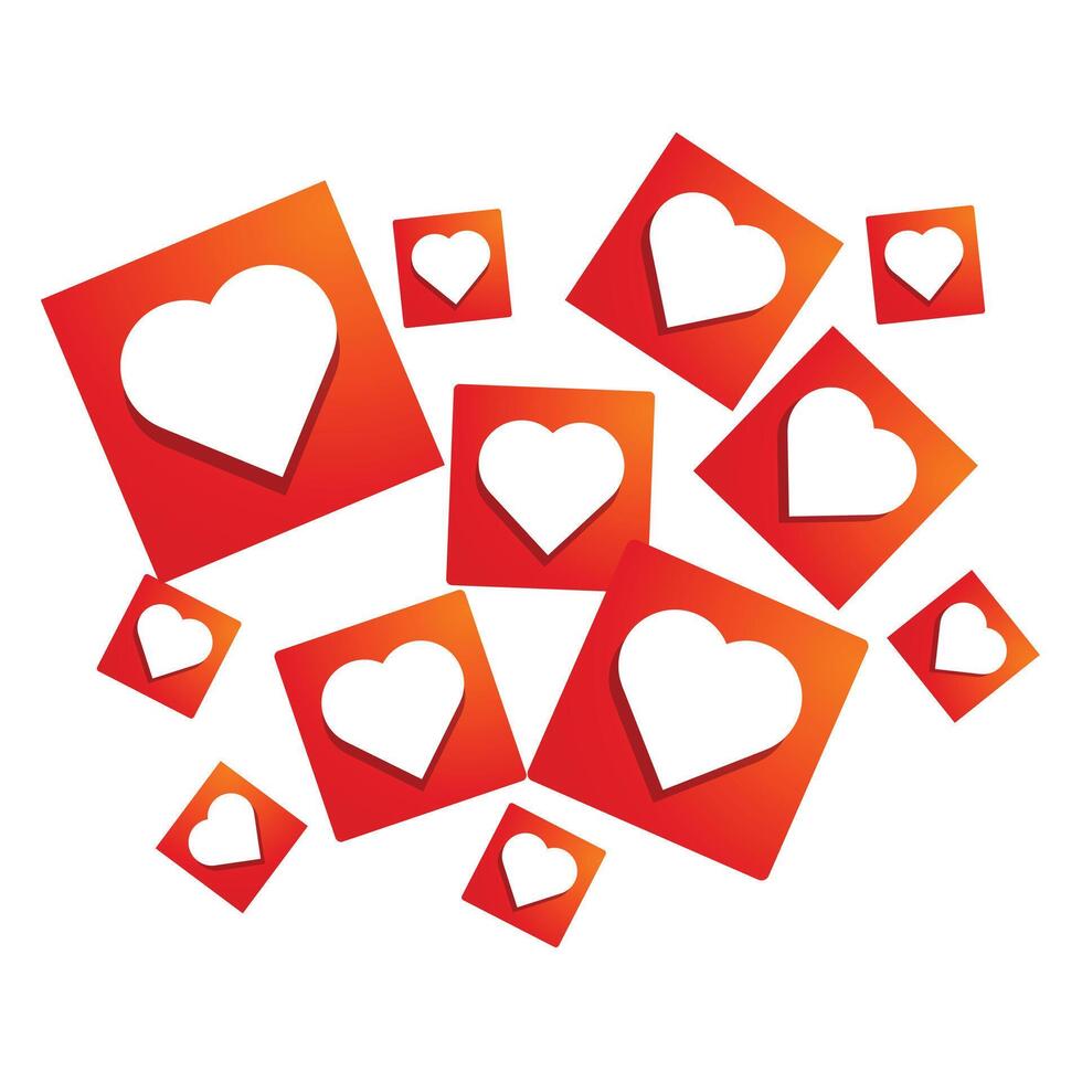 Many red squares with white hearts are flying forming a big heart shape vector