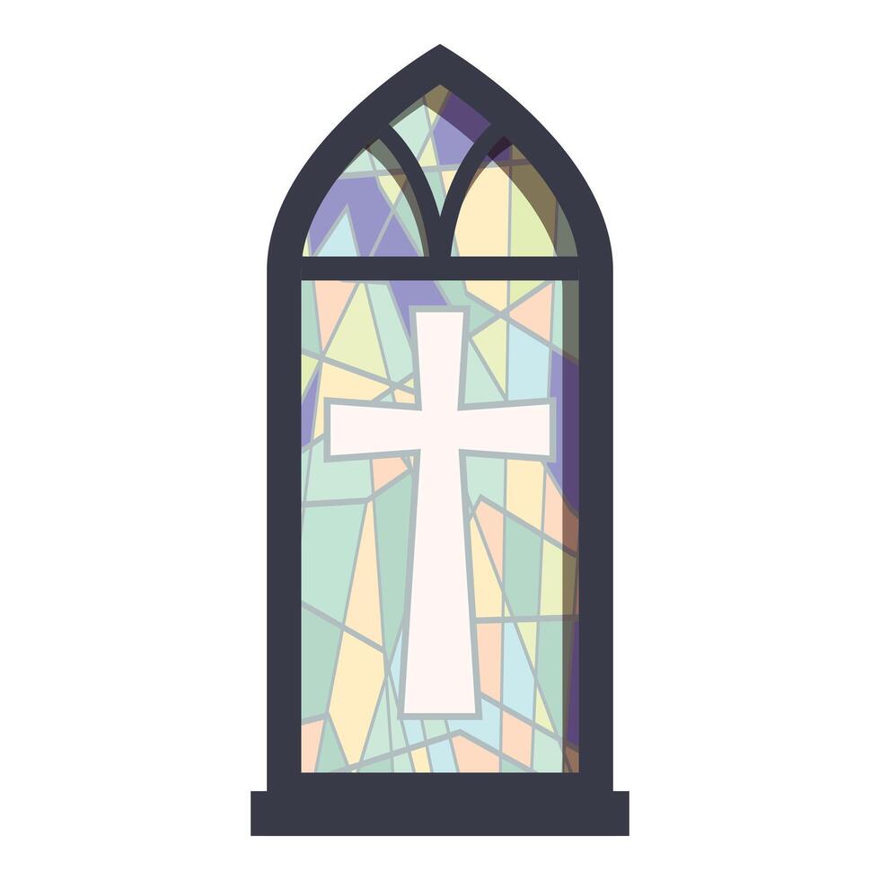 Gothic arch stained glass window showing christian cross symbol vector