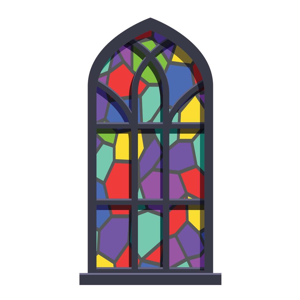 Gothic arched window with colorful stained glass letting light through vector