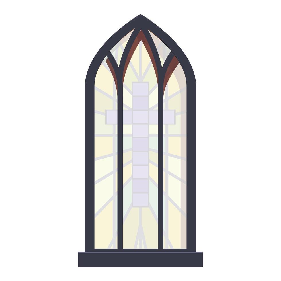 Arched church stained glass window with cross design letting light through vector