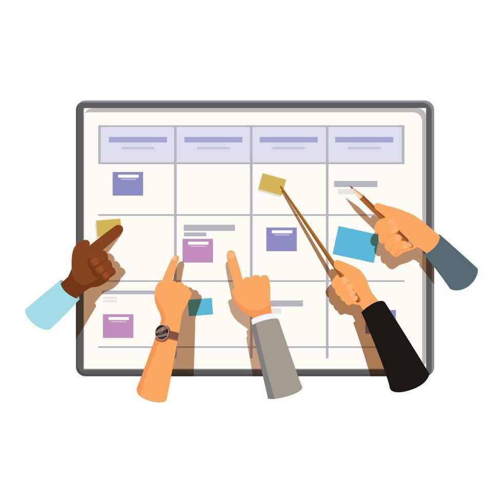 Business people team working planning project on board using sticky notes vector