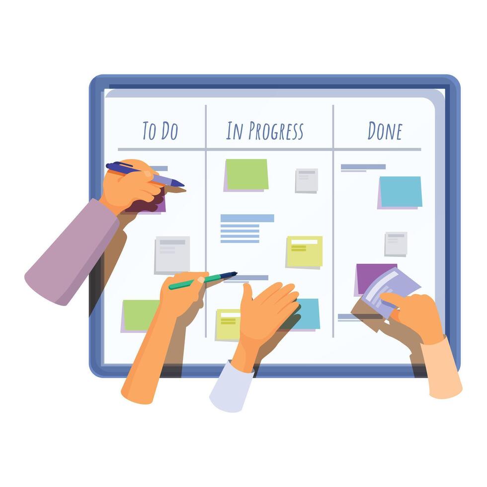 Business people using kanban board organizing tasks in office vector