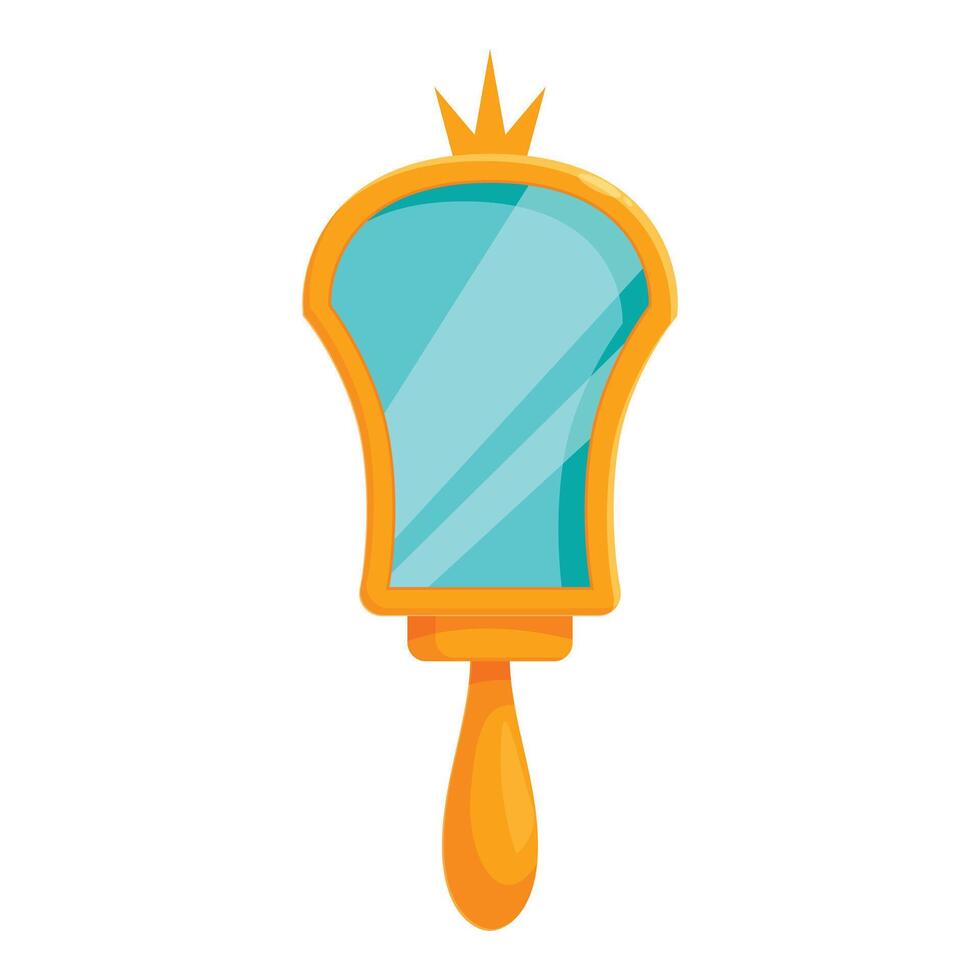 Golden hand mirror with crown reflecting light in cartoon style vector