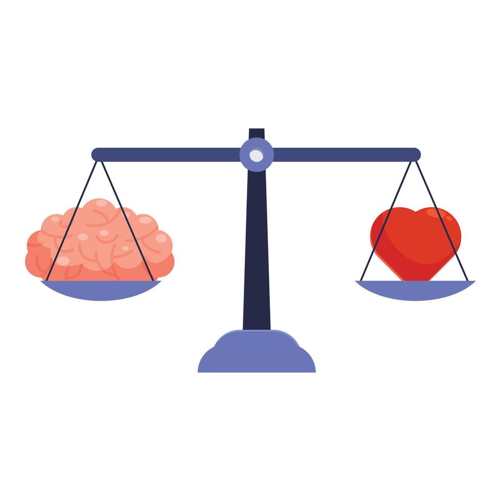 Balance scale comparing human heart and brain weighing logic versus feelings vector