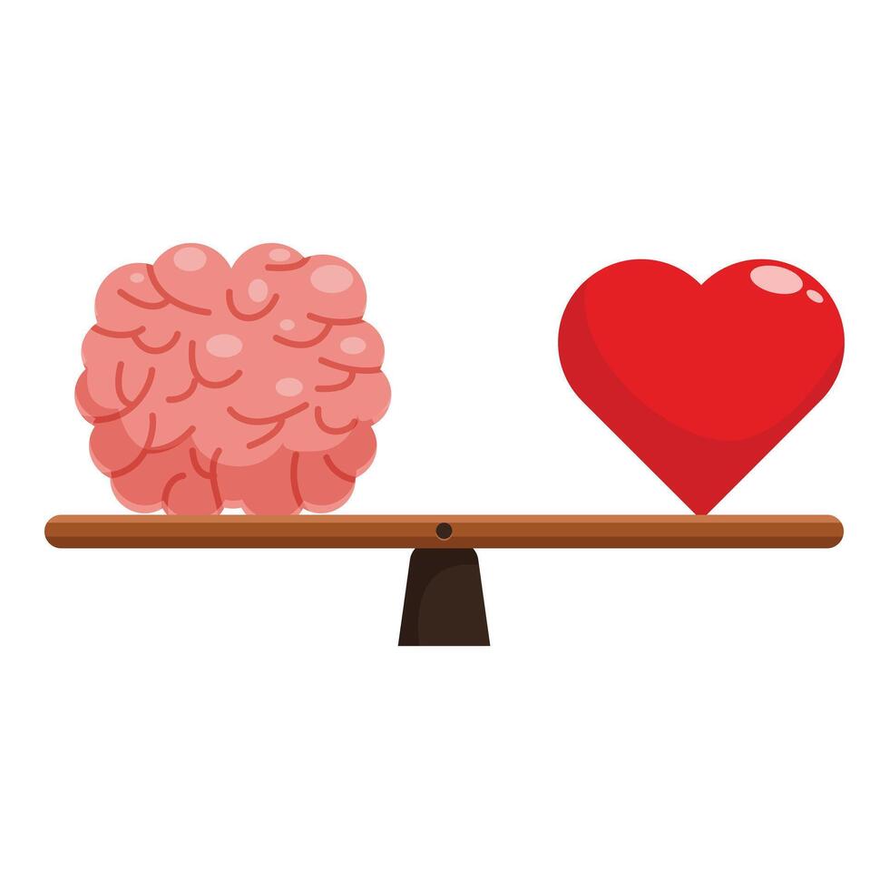 Heart and brain balancing on a seesaw representing emotional intelligence vector