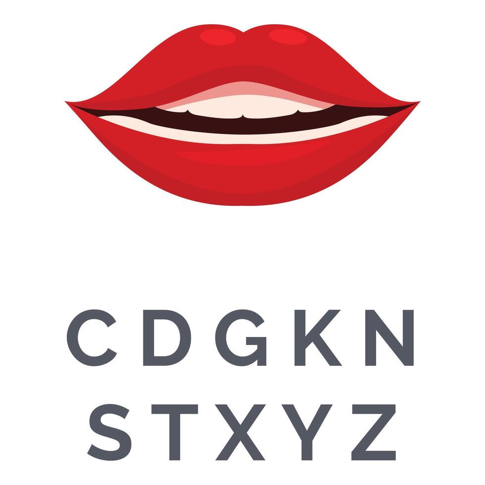 Red smiling lips showing teeth for pronunciation of consonants vector
