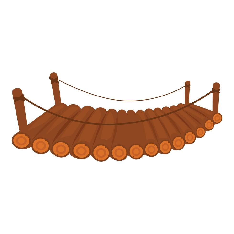 Wooden suspended bridge connecting two sides with rope railing vector
