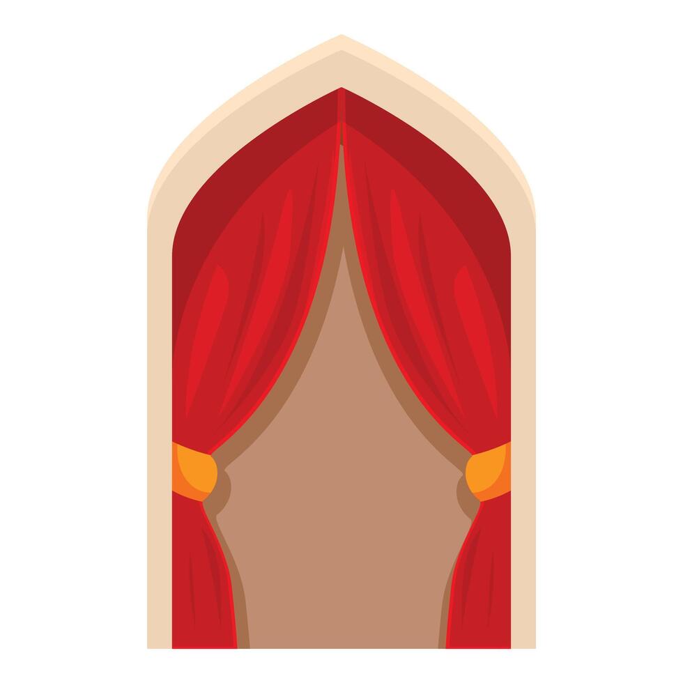Red curtains are covering an arched window with tied backs vector