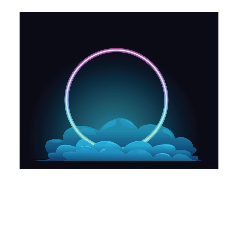 Round neon sign floating on clouds over dark background vector