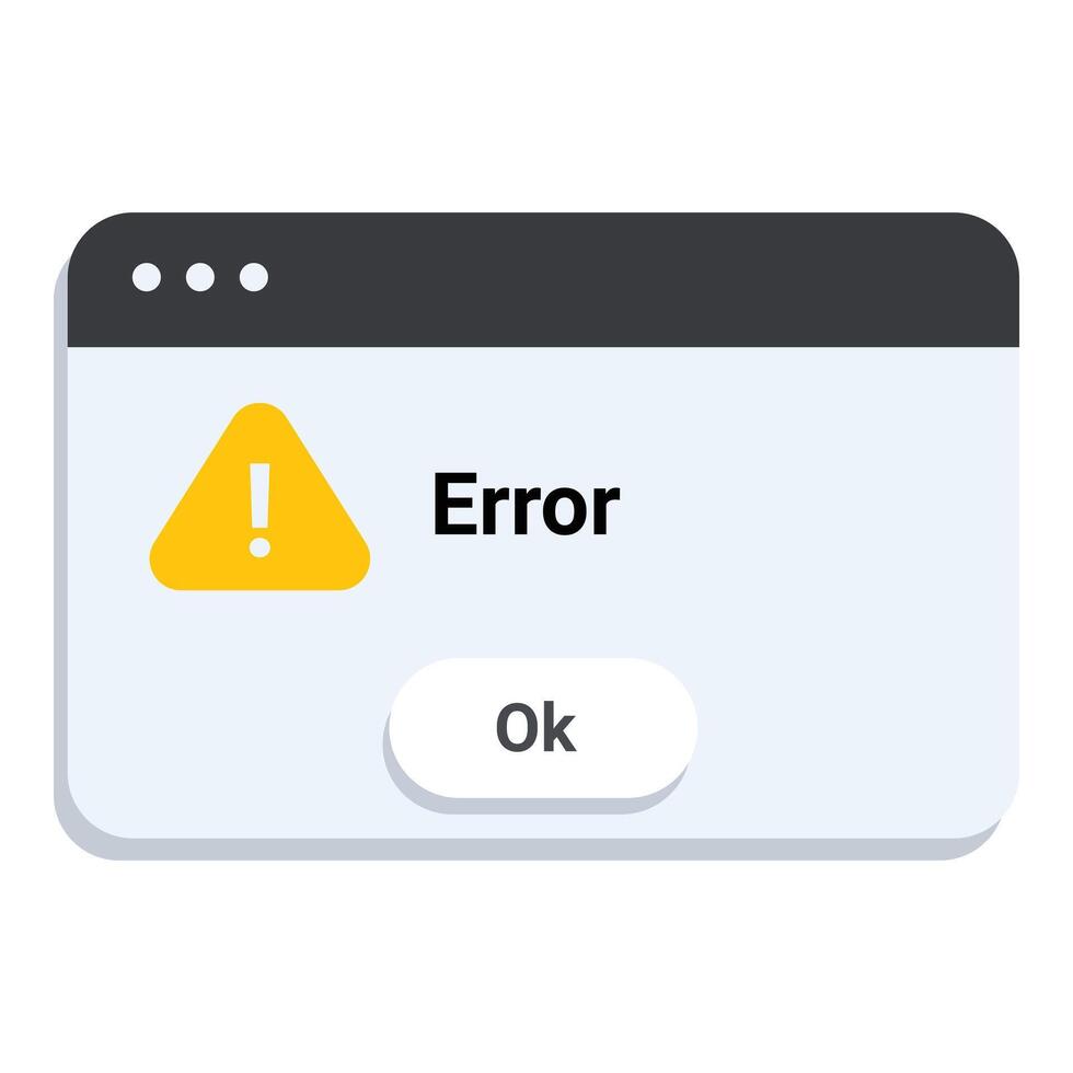 Computer window displaying error message with warning sign and ok button vector