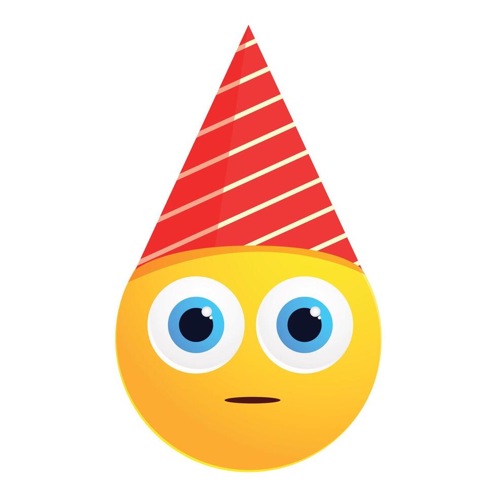 Yellow emoji wearing a red and white party hat expressing confusion vector
