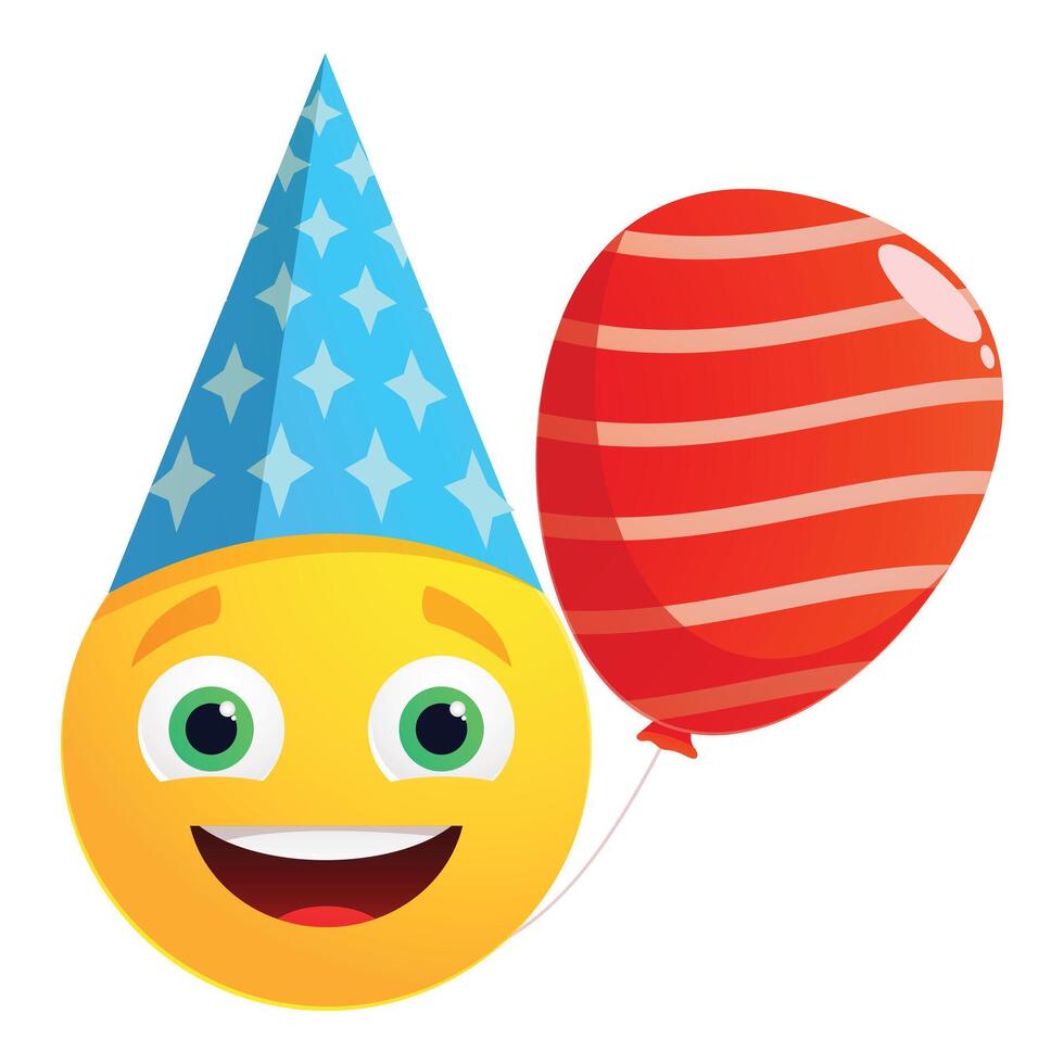 Happy emoji wearing birthday hat holding red balloon vector