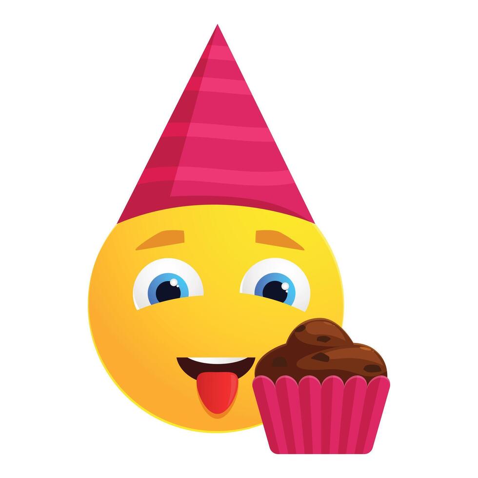 Happy emoji wearing party hat and licking chocolate cupcake vector