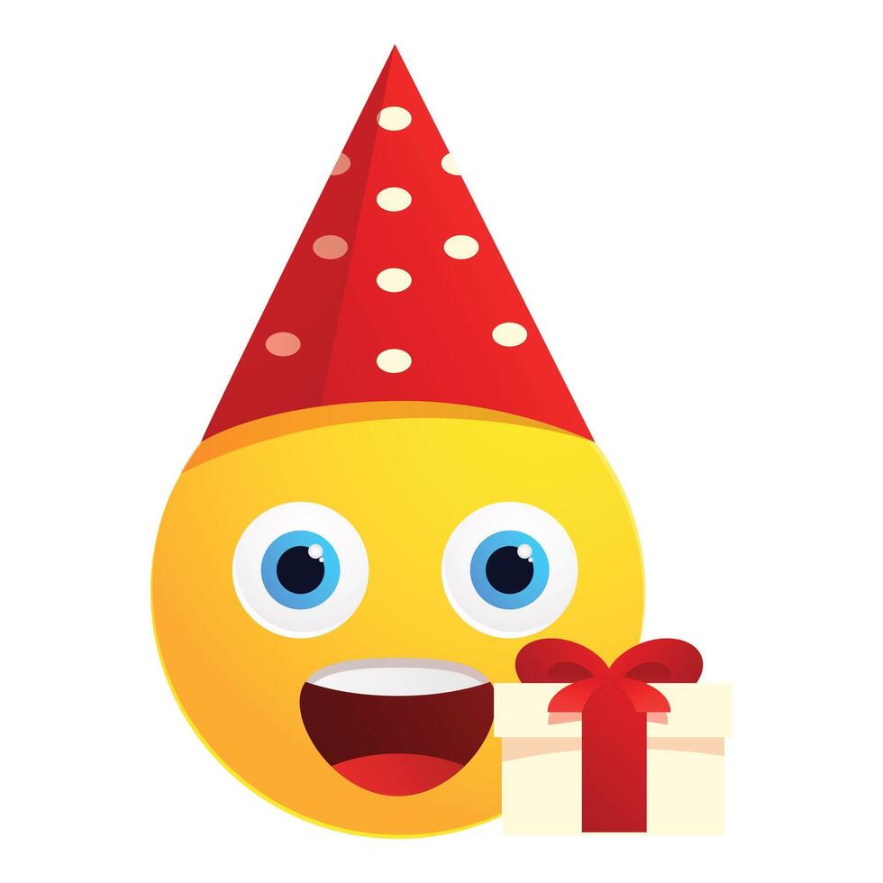 Happy emoji wearing party hat and holding present vector