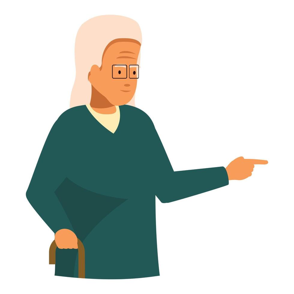 Senior woman pointing with her finger while holding a cane vector