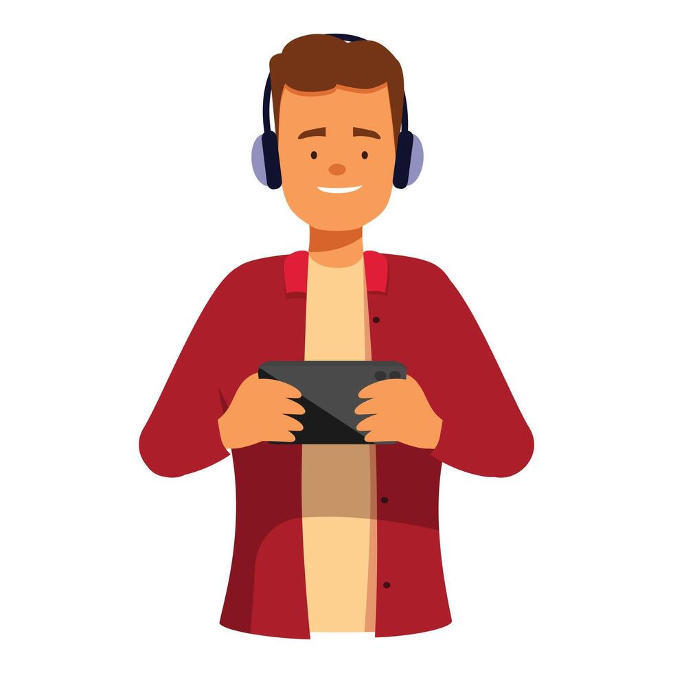 Young man wearing headphones is playing mobile game on smartphone vector