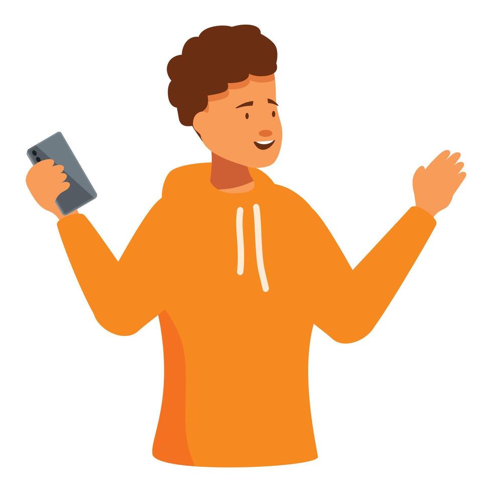 Young man holding smartphone having video call describing something vector