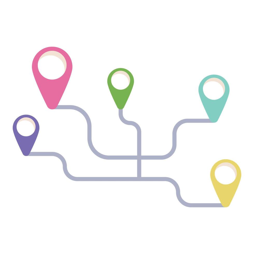 Colorful map pins showing a route connecting multiple destinations vector