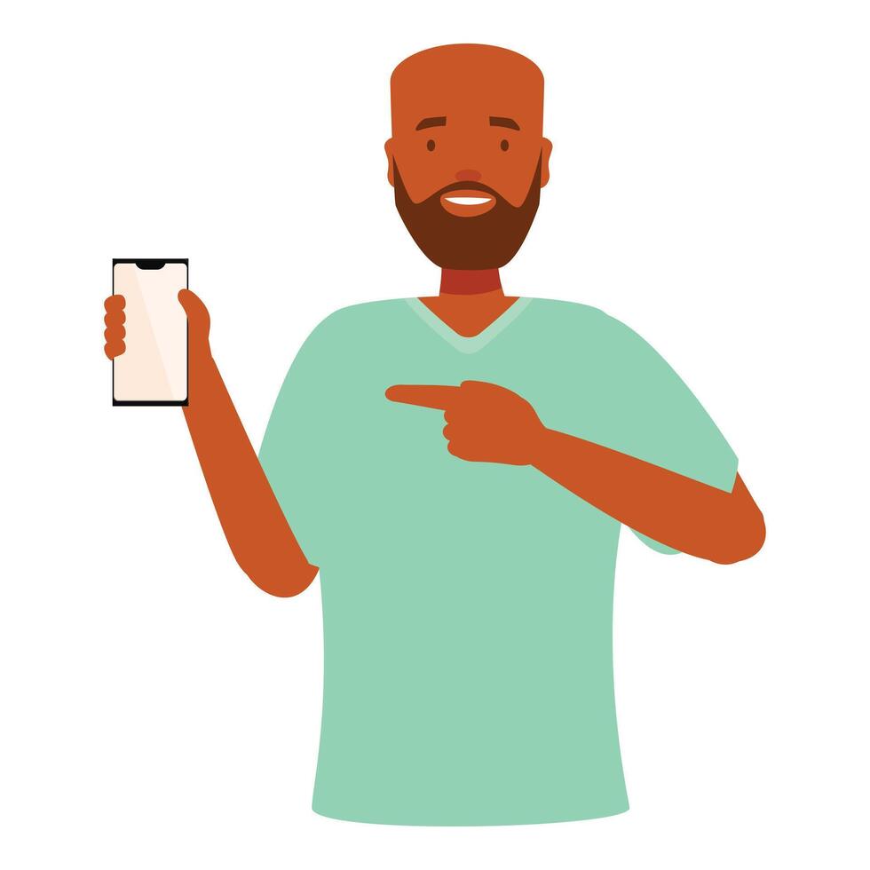 Doctor showing smartphone and pointing with finger at it vector