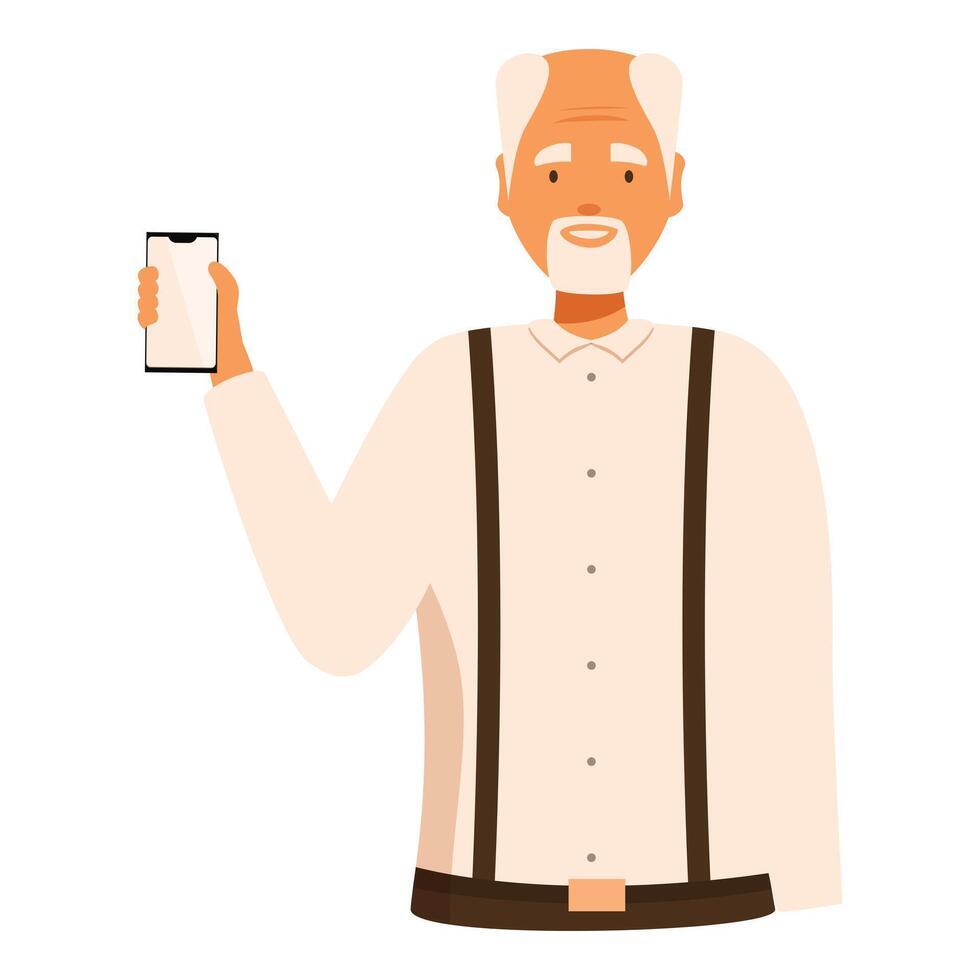 Smiling senior man showing smartphone screen wearing suspenders vector