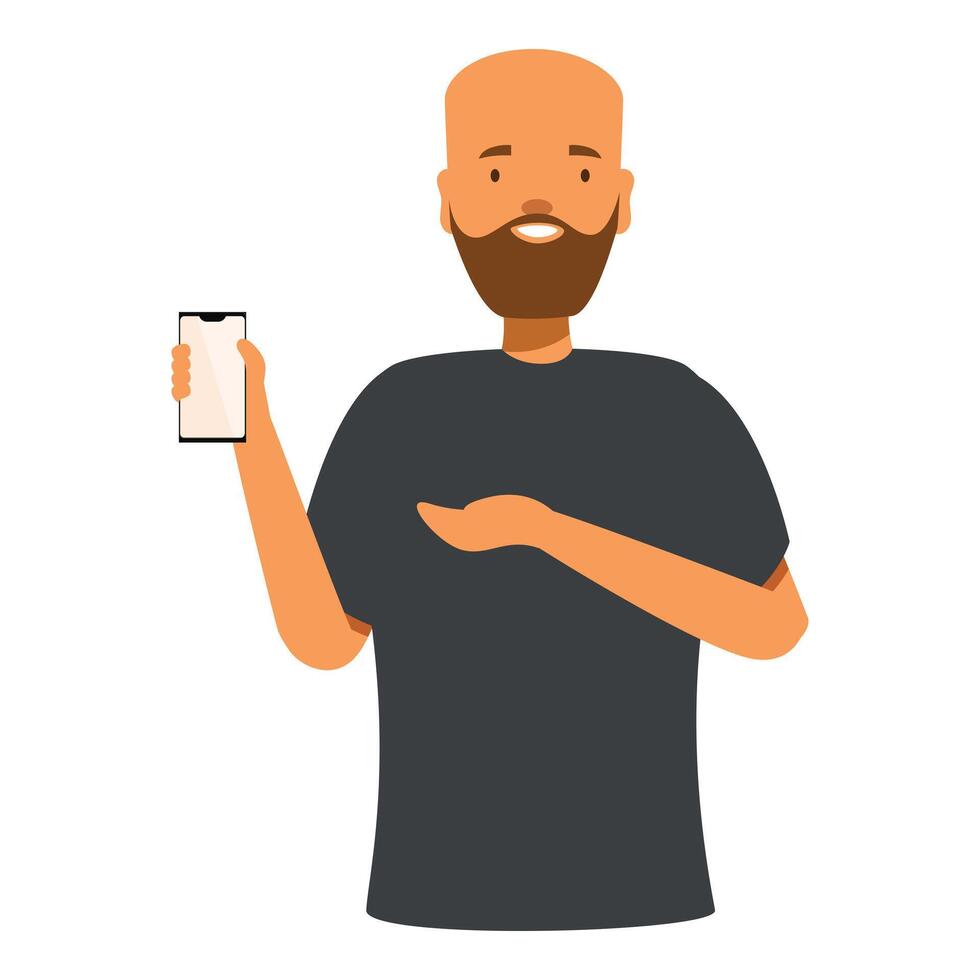Bearded man showing smartphone with empty screen vector