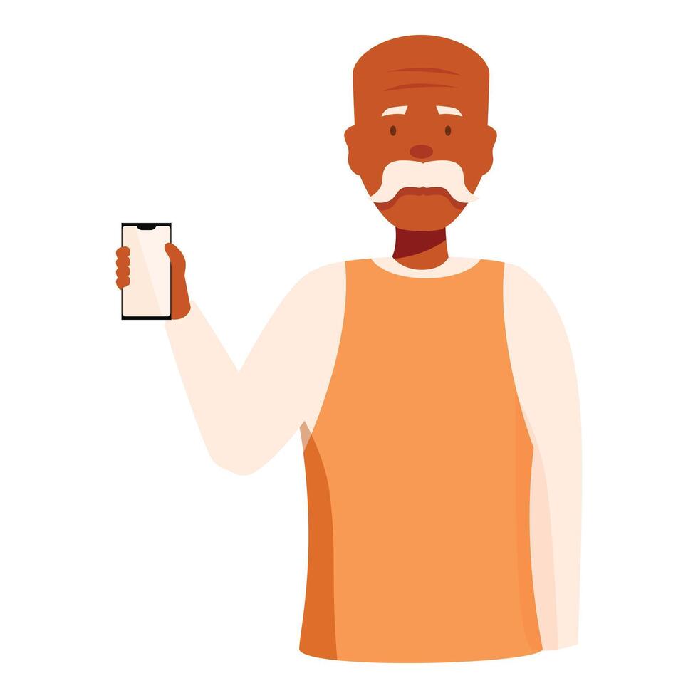 Senior black man showing smartphone screen, advertising mobile app or website vector