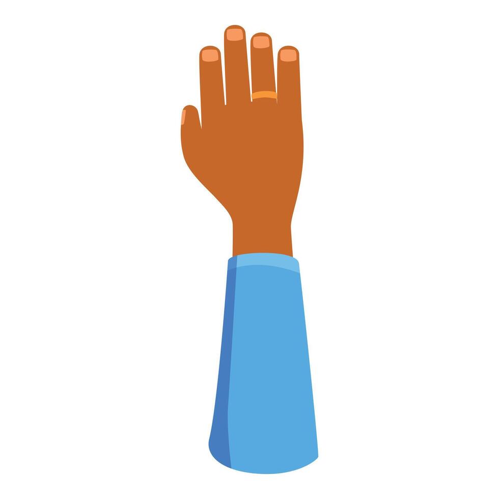 Dark skin hand wearing golden ring showing number four gesture vector