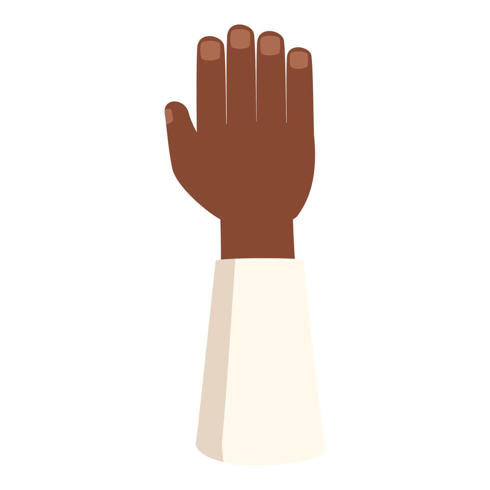 Dark skin hand raised up with open palm vector