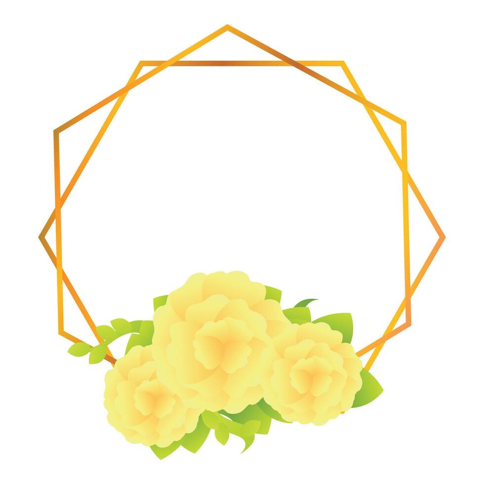 Yellow roses forming bouquet overlaying bottom right corner of geometric gold frame vector