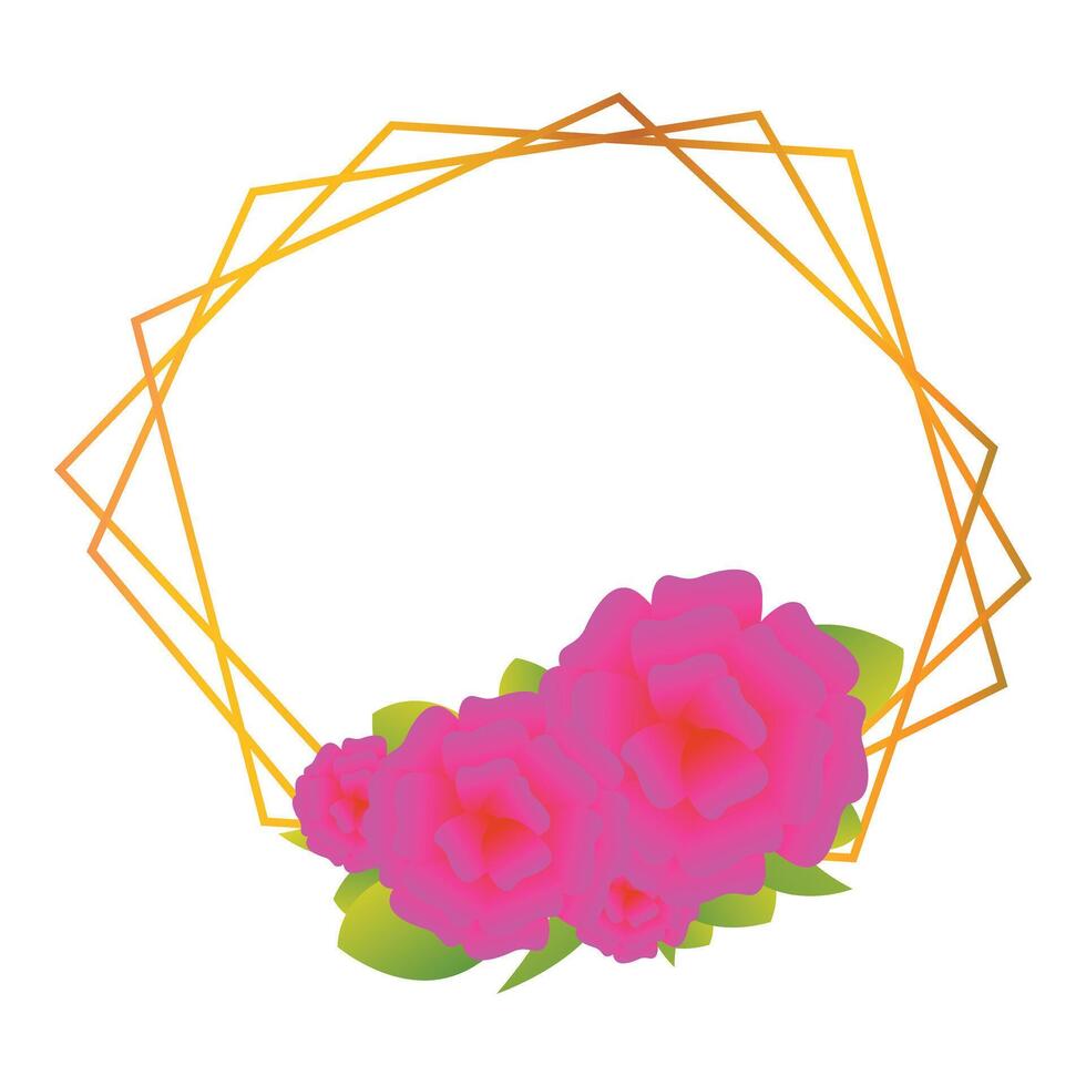 Golden geometric frame with pink flowers for wedding invitation vector