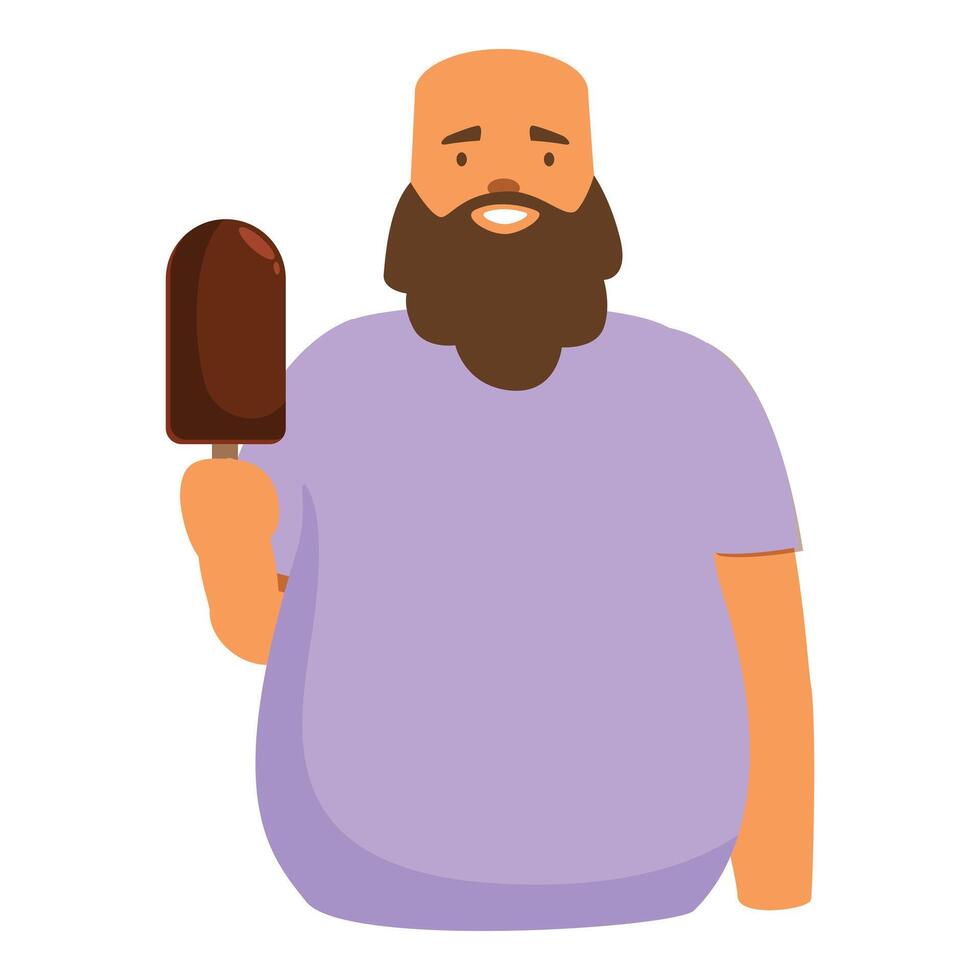 Bearded man holding chocolate ice cream on stick vector