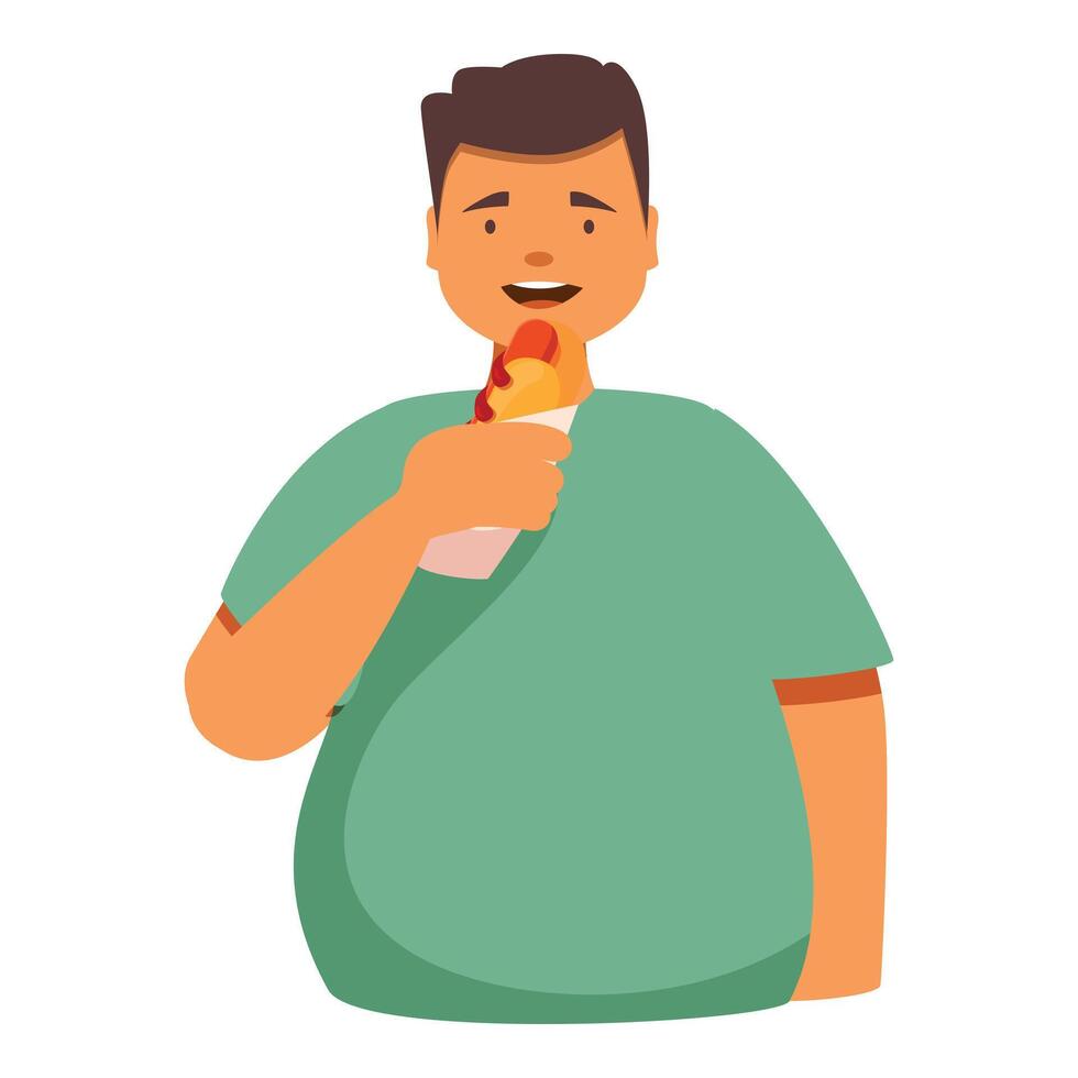 Overweight man enjoying eating hot dog standing isolated on white background vector